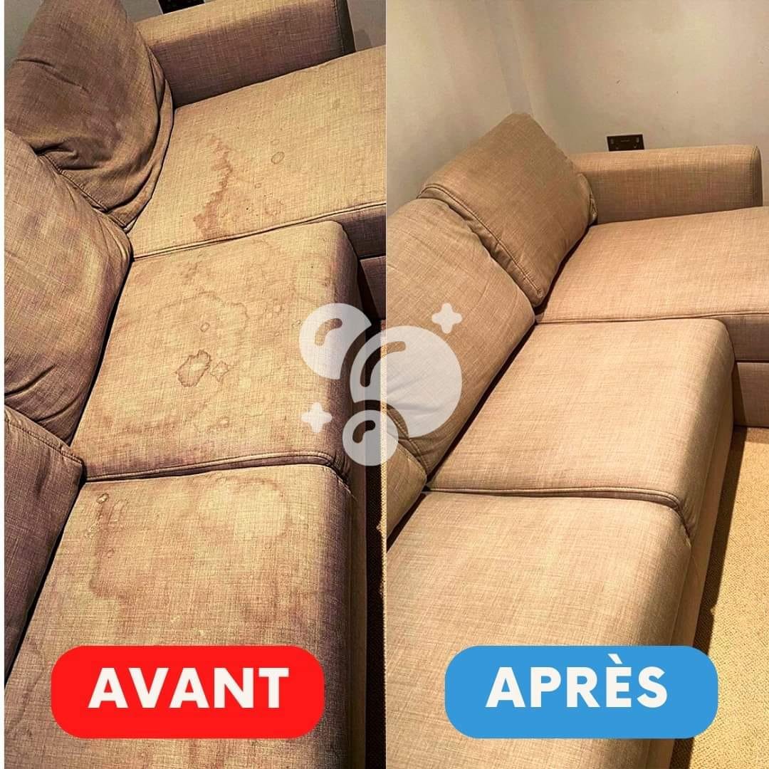 Avant après nettoyage canapé beige taché