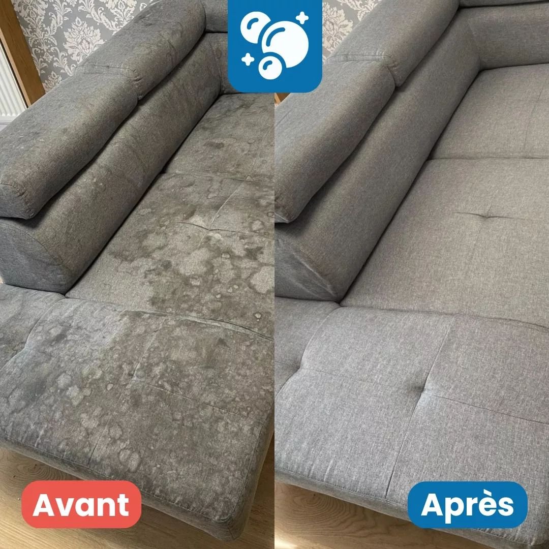 Avant après nettoyage canapé gris taché