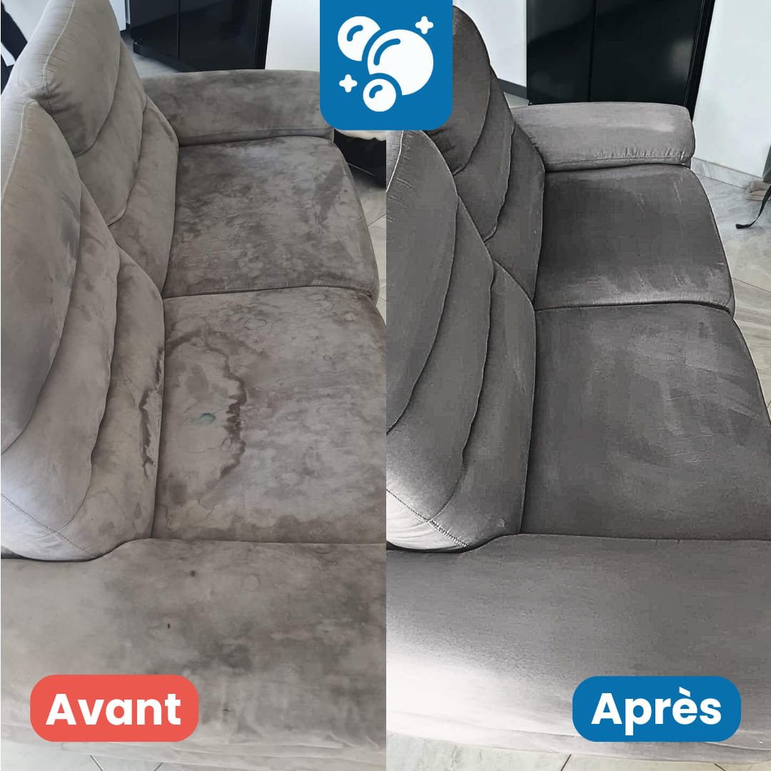 Avant après nettoyage canapé gris très sale